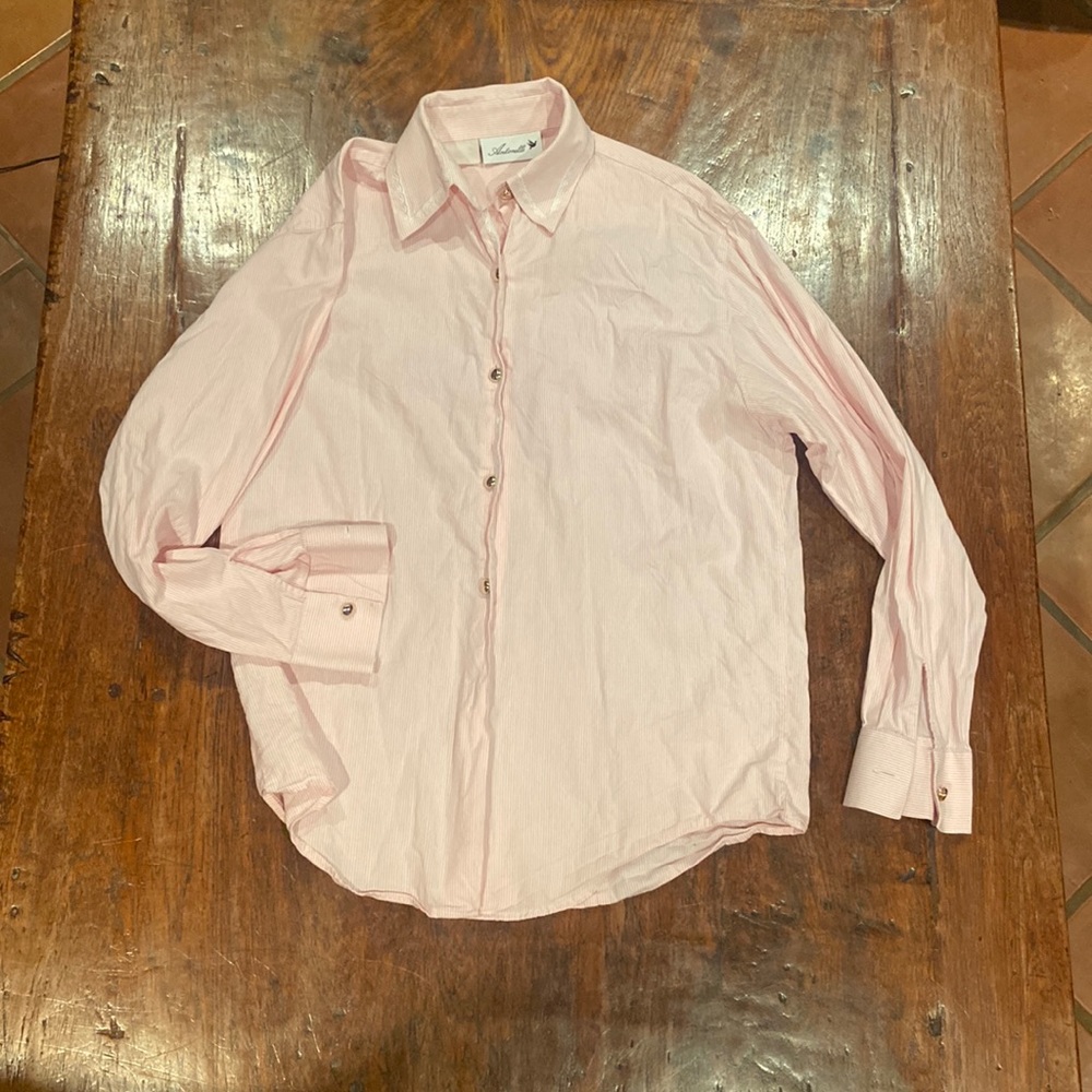 Gold button down pink and white pin stripe blouse